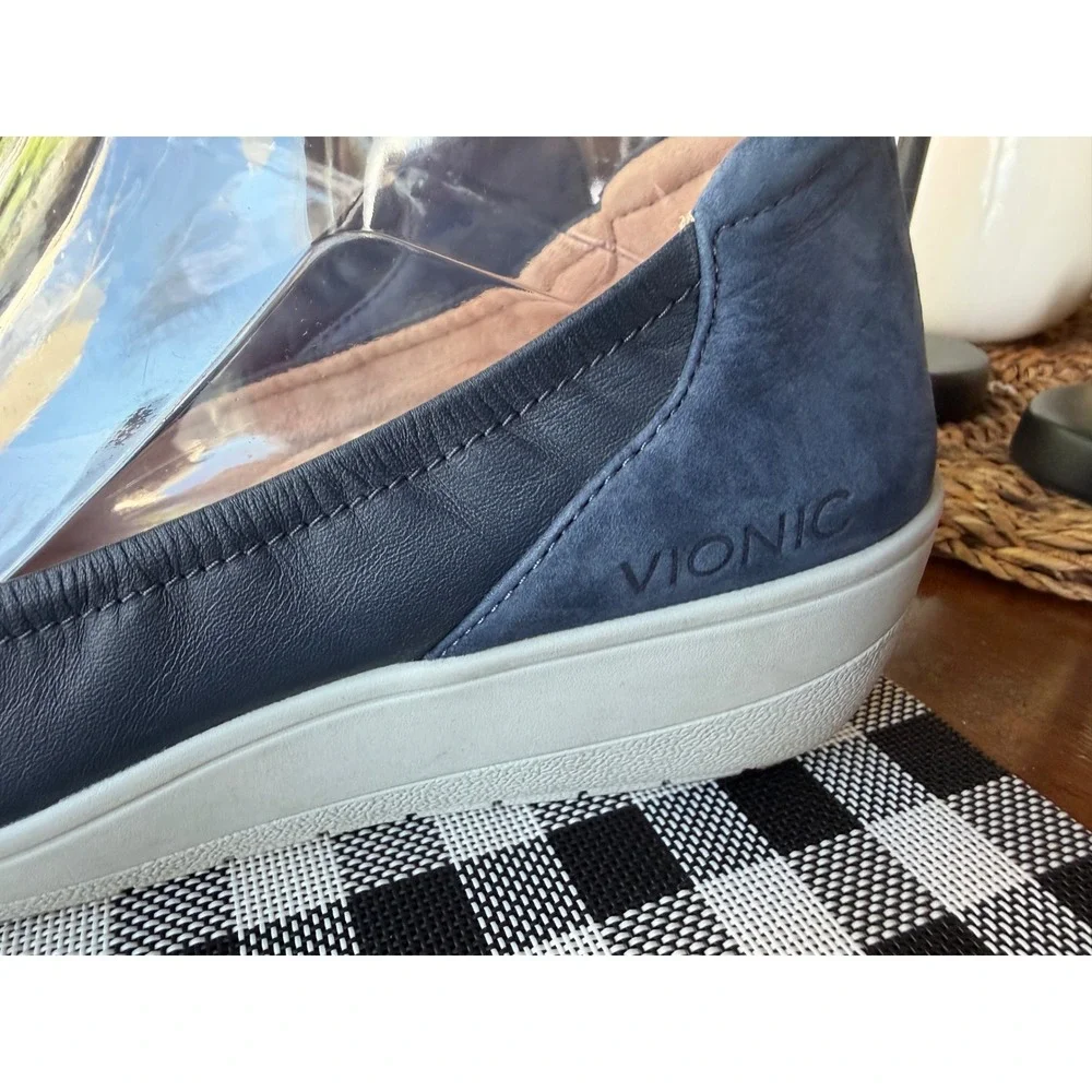 Vionic Jaycey Navy Blue Leather Slip‎ On wedge Orthotic Comfort Shoes pump Sz.7